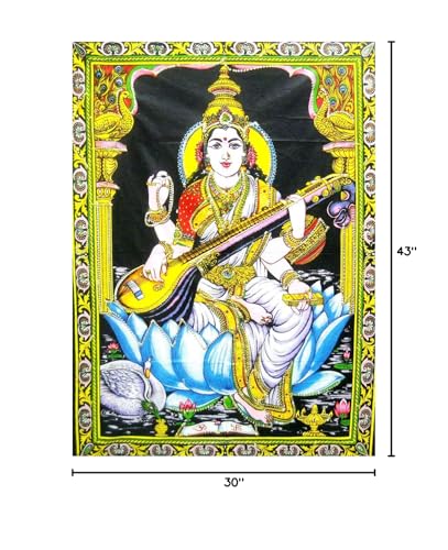 Goddess Saraswati batik sequins Cotton Wall Hanging yoga Painting : Size 43"x30" Inches - color: Saraswati