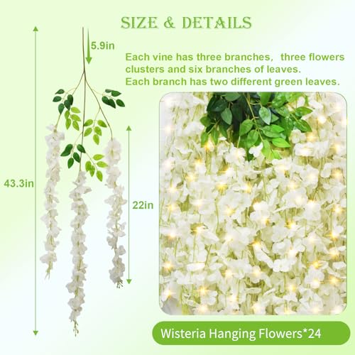 Wisteria Hanging Flowers with Lights, 24 Pcs Artificial Wisteria Garland - color: White With Lights, size: 24 Pack