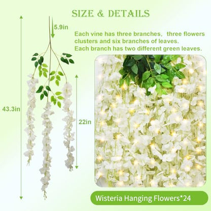 Wisteria Hanging Flowers with Lights, 24 Pcs Artificial Wisteria Garland - color: White With Lights, size: 24 Pack