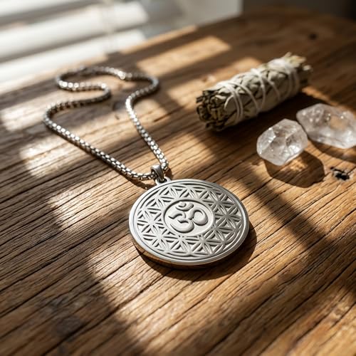 1" Stainless Steel Necklace Charms | Third Eye Vision | Peace Symbol | Finding Your Self | Yin & Yang | Moon Cat | Turtle Power | Flower of Life | | OM | Mystical Spiritual Protection, for Men & Women - style: OM Flowering Silver