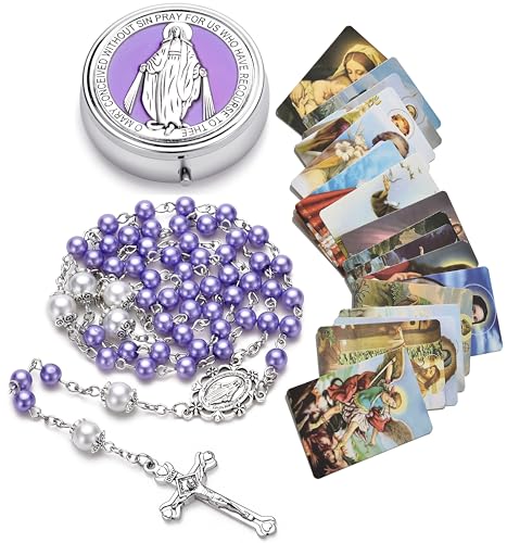 Rosary for Women with Case and 18pcs Prayer Cards, First Communion Gifts for Girls, Glass Pearl Beads and Virgin Mary Medal, Catholic Gifts - color: Purple