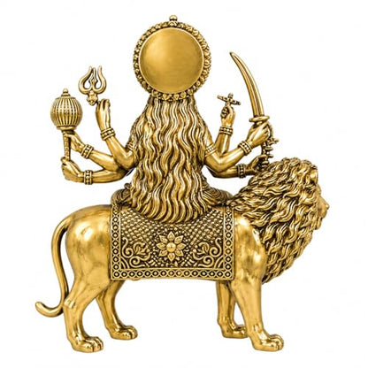 Brass Sherawali Vaishno devi Ma Durga Statue with Lion Mount Height 4" inch (Approx.) , Antique Gold Finish, Religious Hindu Idol for home temple mandir pooja room or home decor , navratri durga pooja