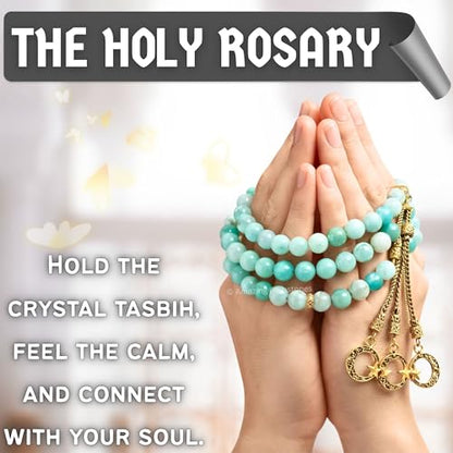 Amazing Gemstone Crystal Tasbeeh with Moon and Star Charm - Certified Crystal Muslim Prayer Beads Natural Gemstone Tasbih Gift for Ramadan Dhikr and Daily Namaz (G) - color: Amazonite