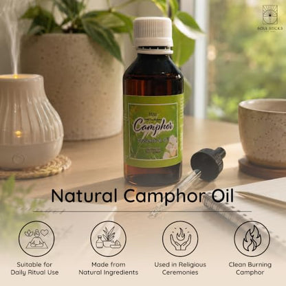 SOUL STICKS Natural Camphor Essential Oil 4 Fl Oz (120ml) 100% Natural Camphor Oil with Glass Dropper for Aromatherapy, Puja, Massage, Skin Care - size: 4 Fl Oz (Pack of 1)