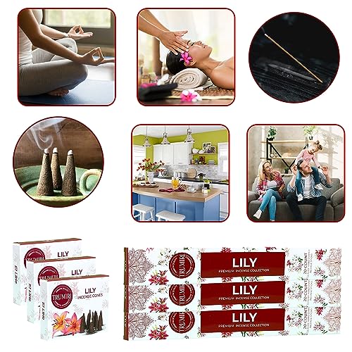 Lily Incense Sticks & Incense Cones Combo Pack - 60 Insence-Sticks + 30 Insence Cones - Inscense - Incense Cones Scented - Insents - color: Lily