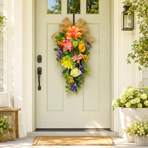 Svndlyn Lighted Spring Summer Floral Teardrop Swag with Burlap Bow, Dahlia