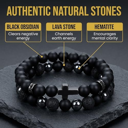 Mens Beaded Bracelets, Cross Bracelet for Men with Hematite Black Obsidian Lava Stone Triple Protection Bracelets for Men - size: Small, style: Cross