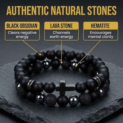 Mens Beaded Bracelets, Cross Bracelet for Men with Hematite Black Obsidian Lava Stone Triple Protection Bracelets for Men - size: Small, style: Cross