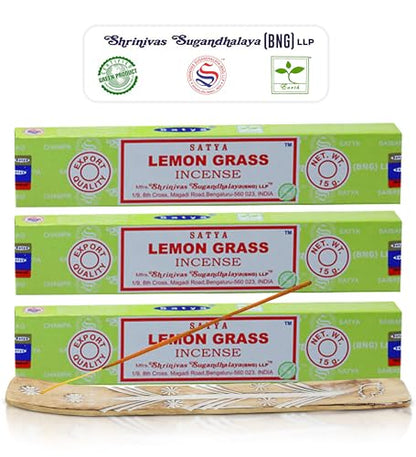 Satya Nagchampa Lemon Grass Incense Sticks, Satya Bng (Bangalore) Insenses 15gmx3 Pack (45 GMS) with Raajsee Incense Holder Bundle, Satya Nagchampa Natural Incense - color: Lemon Grass
