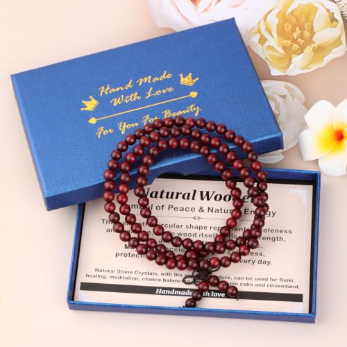 AD Beads 6mm 8mm 108 Prayer Mala Jasper Elastic Bracelet - Handmade Yoga Meditation Healing Power Energy Gifts for Unisex Adult. - color: Blood Sandal wood(True Self)