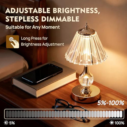 Gold Crystal Battery Operated Rechargeable Lamp Cordless, Pleated - color: Gold-Pleated