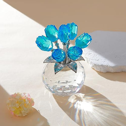 Movdyka Blue Crystal Rose Glass Flowers with Vase Figurine Home Decor - color: Lake Blue-crystal Rose