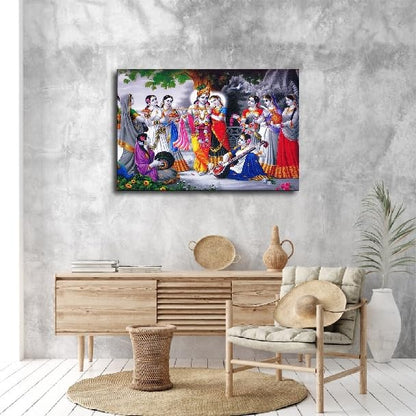 Radha Krishna with Ashta Sakhi Gopis Canvas Wall Art Poster Decor for Living Room and Bedroom Wall Modern Home Artworks (Frame 24in*36in) - size: Frame 24in*36in