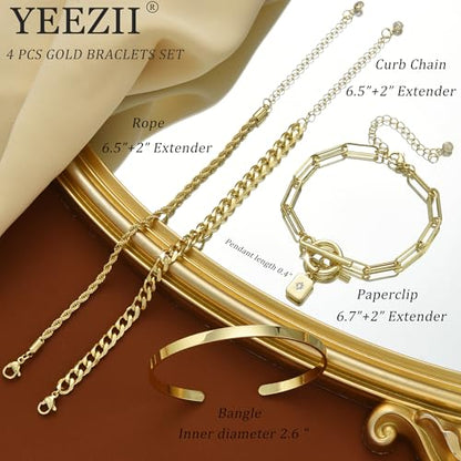 10 Pcs 14K Gold Plated Bracelet for Women, Dainty Stackable Chain Set - color: Yellow Gold