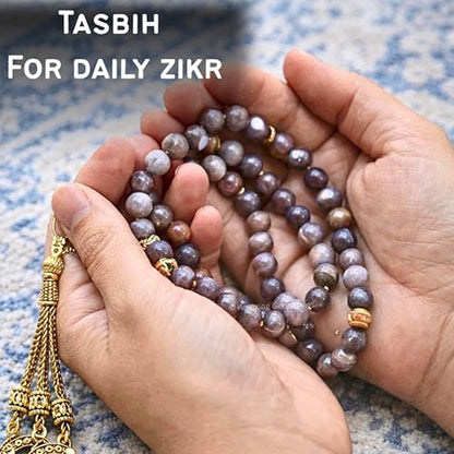 Amazing Gemstone Crystal Tasbeeh with Moon and Star Charm - Certified Crystal Muslim Prayer Beads Natural Gemstone Tasbih Gift for Ramadan Dhikr and Daily Namaz (G) - color: Botswana Agate