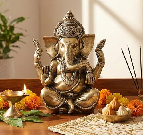 eSplanade 8" Brass Ganesha in Antique Finish | Pooja Puja Ganesh Ganesha Ganpati Ganapati Murti Idol (8" Ganesh Big)
