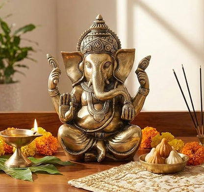 eSplanade 8" Brass Ganesha in Antique Finish | Pooja Puja Ganesh Ganesha Ganpati Ganapati Murti Idol (8" Ganesh Big)