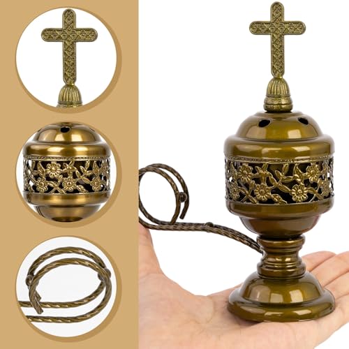 1 PCS Catholic Church Incense Holder with Cross Lid, Home&Altar Incense Burner, Charcoal Censer Incense Burner, Unique Meditation Gift, Frankincense Resin Bakhoor Burner (Bronze)