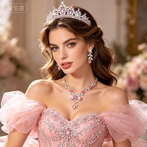 Kamirola Tiaras and Crowns for Women,Tiaras Earrings Necklace, Crystal Bridal Jewelry Set, Costume Party Halloween Prom Pageant Jewelry for Women(TR45) - color: Pink & Silver