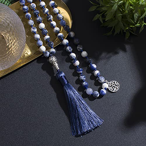 108 Mala Prayer Beads Necklace Natural Stones Meditation Yoga Jewery 108 Hand Knotted Japa Mala Beaded Long Tassel Necklace with Tree of Life Pendant for Men and Women - color: 8mm Flower Sodalite