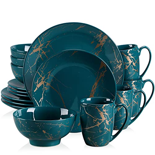 LOVECASA Porcelain Dinnerware Sets for 4, 16 PCS Plates and Bowls Set, Color Glaze with Gold Plate Dish Set, Dinner Sets with Dinner Plates, Dessert Plate, Bowls and Mugs, Dark Green - color: Blackish Green_Gold, size: 16 Piece (Service for 4)