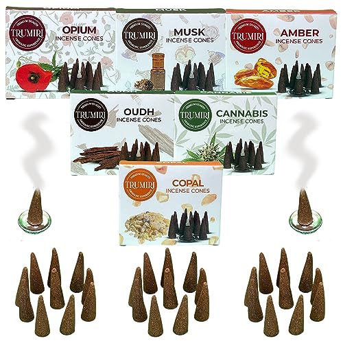TRUMIRI Exotic Incense Cones - Variety Pack - Total 60 Cone Incense (6 Scents x 10 Conos) - Copal, Oud, Musk, Amber - Cone Incense Scents - Insense Cones - Incent Cone - color: Exotic