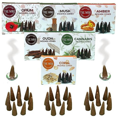 TRUMIRI Exotic Incense Cones - Variety Pack - Total 60 Cone Incense (6 Scents x 10 Conos) - Copal, Oud, Musk, Amber - Cone Incense Scents - Insense Cones - Incent Cone - color: Exotic