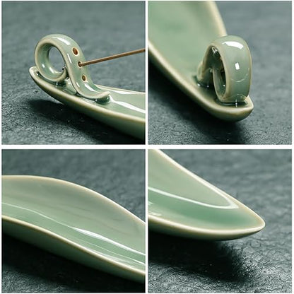 9" Length Incense Stick Holder with 3 Holes, White Porcelain Incense Tray Ash Cather for Spa, Meditation Room, Yoga, Home, Office (Green) - color: Green