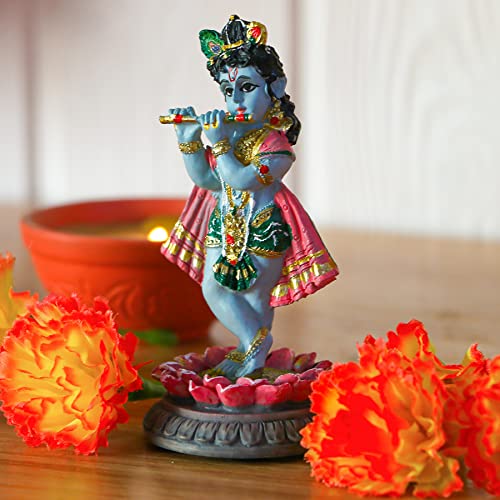 alikiki Hindu God Krishna Idol - 3.9”H Indian Little Krishna Statue for Car Dashboard Home Office Temple Mandir Altar Pooja Item Diwali Puja Figurine