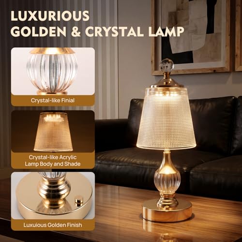 Gold Crystal Battery Operated Rechargeable Lamp Cordless, Dotted - color: Gold-Dotted