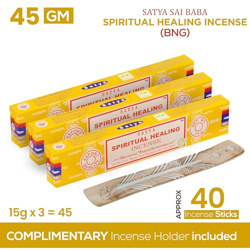 Satya Spiritual Healing Incense Sticks, Satya Bng (Bangalore) Insenses 15gmx3 Pack with Raajsee Incense Holder Bundle, Satya Nagchampa Natural Incense - color: Spiritual Healing