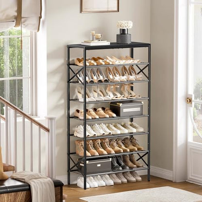8 Tier Metal Shoe Rack with Wood Top, 24-32 Pairs - color: Black, size: 8-tier