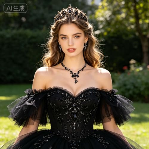 Kamirola Tiaras and Crowns for Women,Tiaras Earrings Necklace, Crystal Bridal Jewelry Set, Costume Party Halloween Prom Pageant Jewelry for Women(TR45) - color: Black