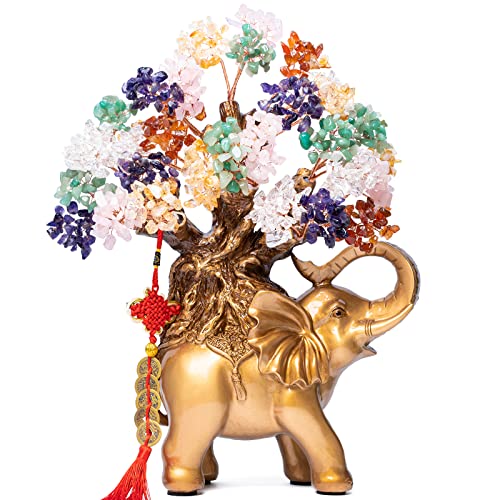 7 Chakra Crystal Money Tree on Gold Elephant Statue, 17”Large Gemstone Bonsai Tree of Life Home Décor Gifts for Wealth Positive Energy, Feng Shui Décor - color: Multicolor, size: 17 inches Tall