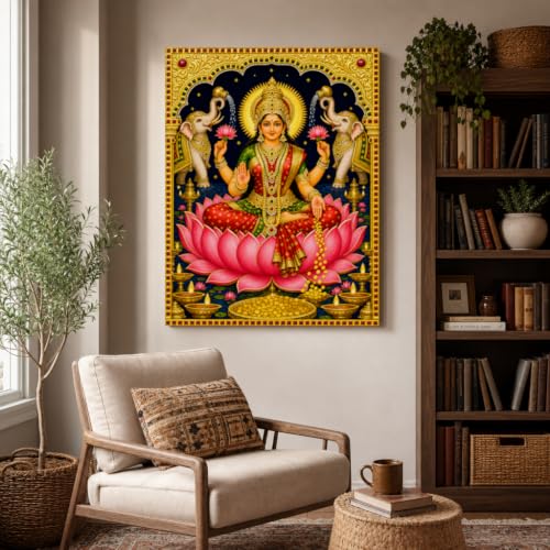 Tela Stories Goddess Lakshmi on Lotus Canvas Wall Hanging Decor for Pooja Room, 12x16 Inches, Portrait, Rectangular, Religious, Unframed - size: 16"L x 12"W
