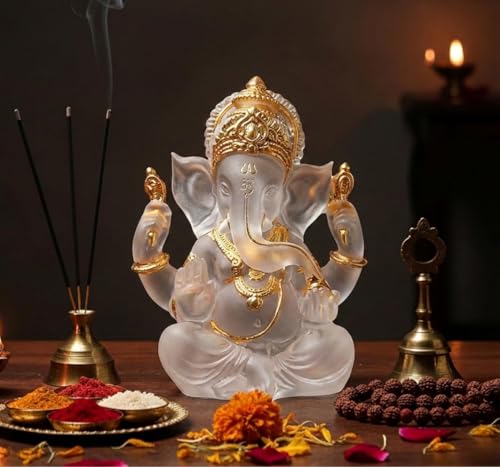 Transparent Ganesh Idol Statue for Table Top, Desktop & Home Decor | 14 cm Glass-Look Multicolor Ganpati Murti for Pooja, Home Mandir, Diwali Gift, Meditation & Calm Yoga Decor (White) - color: White