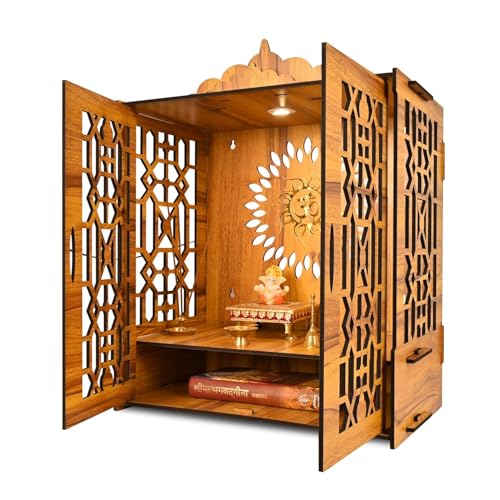 Indian Religious Wooden Temple for Poojaghar Assembly Required | mandir Unit with Storage Space | LED Light and Wall Mounts | Pooja for Home Big Size (H-21, L-16.5, B-10 inch)