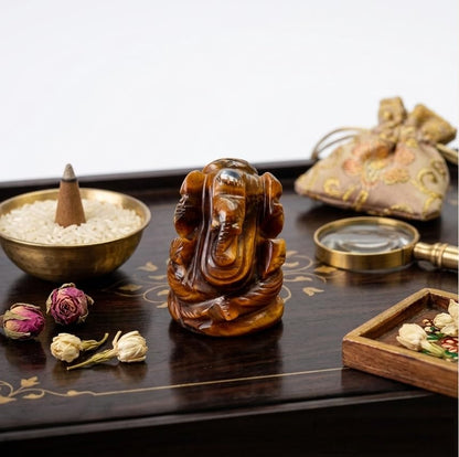 Natural Tiger Eye Stone Ganesha Statue Pocket Ganesh Car Dash Board Handcarved Tiger Eye Ganesh Statue - color: Tiger Eye Ganesh