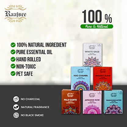 Raajsee Natural Incense Cones,6 Pack Mixed Scents Gift Pack 15 pc Each (90 Total), Insense Cones Variety Pack, 100% Organic Non Toxic Natural - Hand Rolled Free from Chemicals (Pack 1) - color: Pack 1