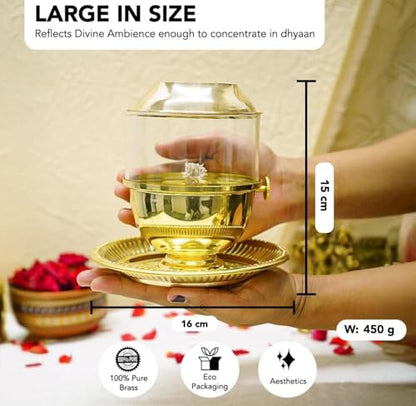 Pure Brass Akhand Jyot Diya with Glass Cover and Attached Plate – 48-Hour Long Burning Oil Lamp for Puja, Aarti, Temple, Meditation – 250ml Capacity, Adjustable Wick, Gold Finish Mandir Decor - Medium - size: Medium With Plate