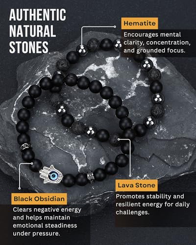 Mens Beaded Bracelets, Cross Bracelet for Men with Hematite Black Obsidian Lava Stone Triple Protection Bracelets for Men - size: Medium, style: Evil Eye