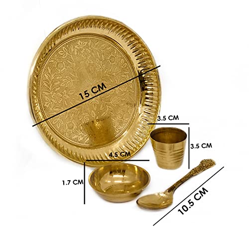 Satvik Brass 4 Pc Bhog Thali Set for Laddu Gopal with Glass, Bowl and Pooja Spoon for Home and Temple Kanha Ji Bhog Plate Set (Large) - size: Large