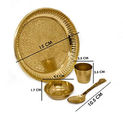 Satvik Brass 4 Pc Bhog Thali Set for Laddu Gopal with Glass, Bowl and Pooja Spoon for Home and Temple Kanha Ji Bhog Plate Set (Large) - size: Large