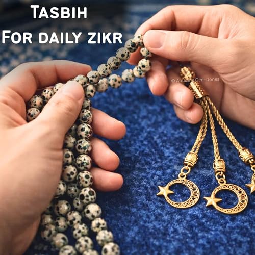 Amazing Gemstone Crystal Tasbeeh with Moon and Star Charm - Certified Crystal Muslim Prayer Beads Natural Gemstone Tasbih Gift for Ramadan Dhikr and Daily Namaz (G) - color: Dalmatian Jasper