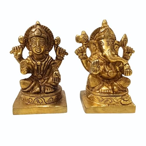 Brass Ganesh Laxmi Statue 3 Inch (530g) – Handmade Lord Ganesha & Goddess Lakshmi Idol for Home Temple, Puja Room, Diwali Decoration, Hindu Religious Gift, Brass Murti for Prosperity & Blessings