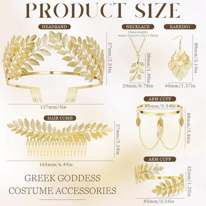 NICEIGHT 7Pcs Greek Goddess Costume Accessories for Women Gold Greek Leaf Crown Upper Arm Cuff Artificial Leaf Drop Earrings Necklace Golden Laurel Leaf Bridal Hair Comb for Wedding Cosplay Party - color: Gold-A