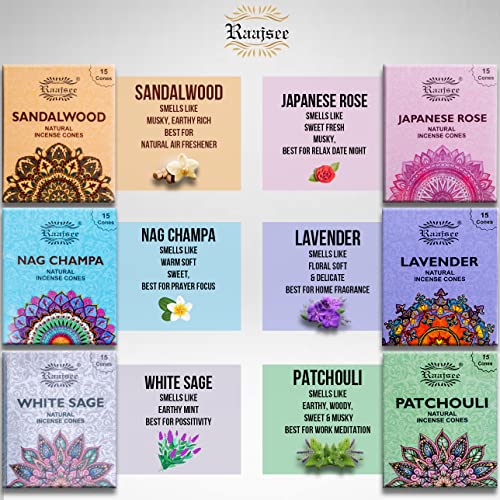 Raajsee Natural Incense Cones,6 Pack Mixed Scents Gift Pack 15 pc Each (90 Total), Insense Cones Variety Pack, 100% Organic Non Toxic Natural - Hand Rolled Free from Chemicals (Pack 1) - color: Pack 1