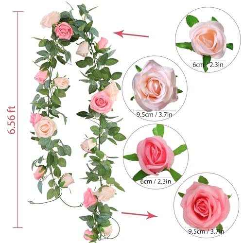 GREENTIME 2Pack 6.5FT Mixed Pink Artificial Rose Garland Fake Rose Vines - color: Peach Deep Pink