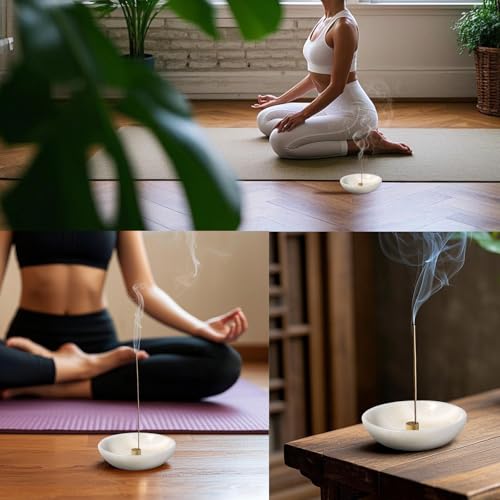 Koville Natural Marble Incense Holder, Incense Holder for Sticks with 9 Holes, Handmade Incense Burner Ash Catcher for Meditation Yoga SPA, Balsam Fir/Palo Santo/Sage/Cone (White) - color: D=150-white