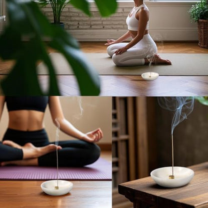 Koville Natural Marble Incense Holder, Incense Holder for Sticks with 9 Holes, Handmade Incense Burner Ash Catcher for Meditation Yoga SPA, Balsam Fir/Palo Santo/Sage/Cone (White) - color: D=150-white